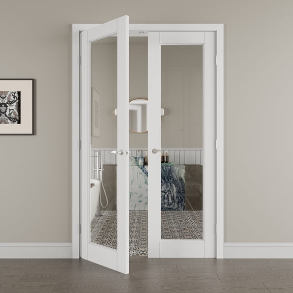 48" x 80" 1 Panel Clear Glass Double Doors with French Door Ready-to-Assemble Jamb, Solid Door, Silver Levers & Hinges, Interior Door, Pre-finished & Paintable, White