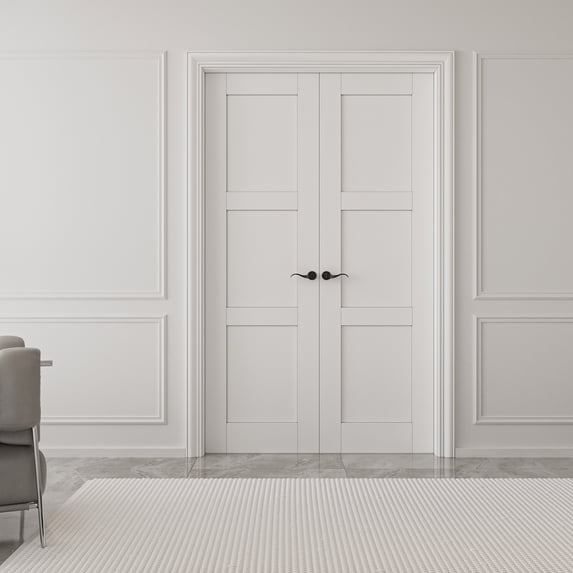 48" x 80" 3 Paneled Solid Manufactured Wood 80'' Interior French Doors With Hardware Kit / Frame