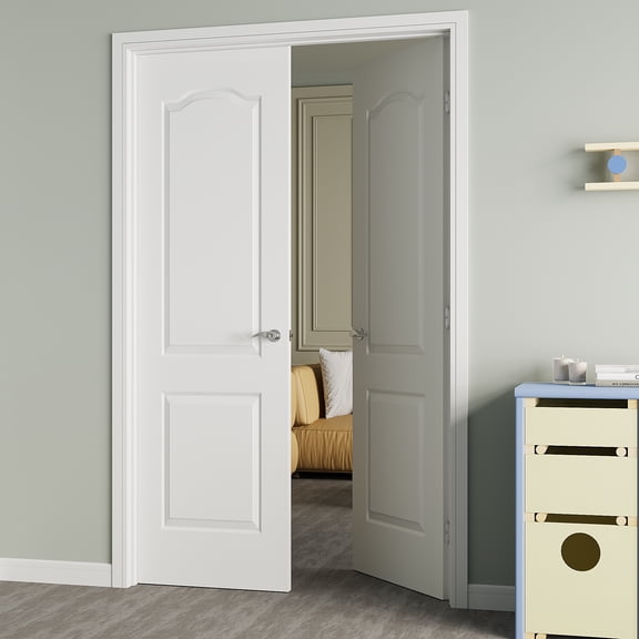 48" x 80" Arch Top 2 Panel Double Doors with French Door Ready-to-Assemble Jamb, Molded Solid Core Door, Silver Levers & Hinges, Interior Door, Pre-finished & Paintable, White