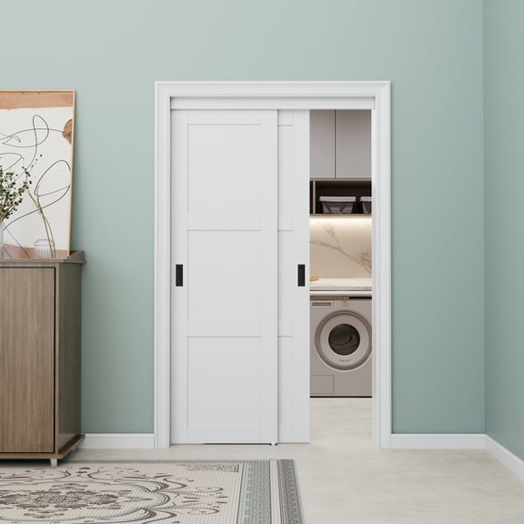 48'' x 80'' Bypass Sliding Closet Door, 3 Panel Solid Core & White Smooth Paintable Frame, Assembled Required, Complimentary Black Handles Included