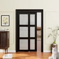 thumbnail image 1 of 48'' x 80'' Bypass Sliding Closet Door, 3 Panel Tempered Frosted Glass & Black Wood Texture Frame, Pre-assembled Door Panels for Easy Installation, 1 of 10