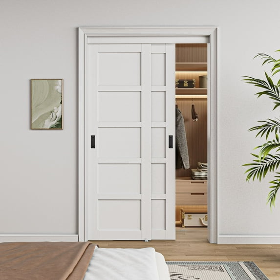 48'' x 80'' Bypass Sliding Closet Door, 5 Panel Solid Core & White Smooth Paintable Frame, Assembled Required, Complimentary Black Handles Included