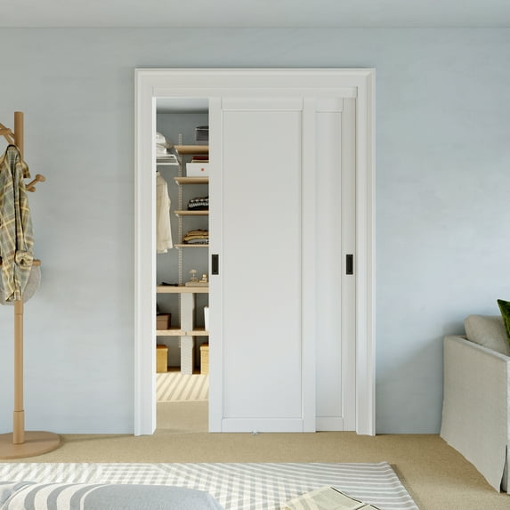 48'' x 80'' Bypass Sliding Closet Door, Solid Core & White Smooth Paintable Frame, Pre-assembled Door Panels with Black Handles