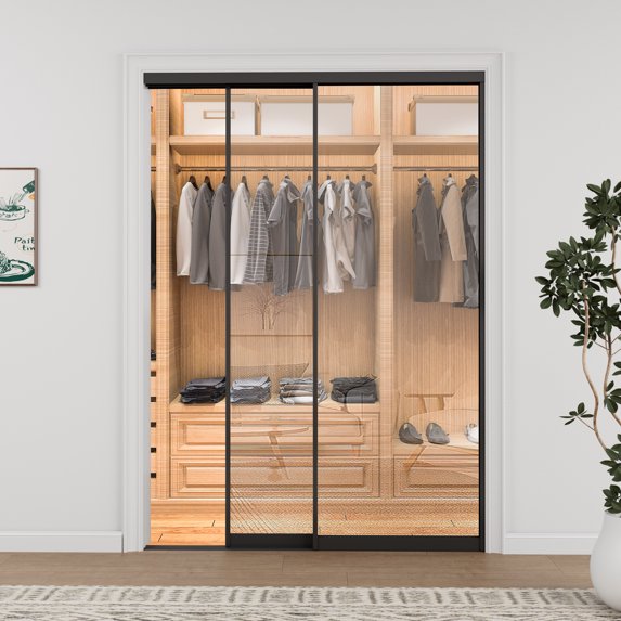 48'' x 80'' Bypass Sliding Closet Door,Tempered Clear Glass & Black Aluminum Frame, Pre-assembled Door Panels for Easy Installation