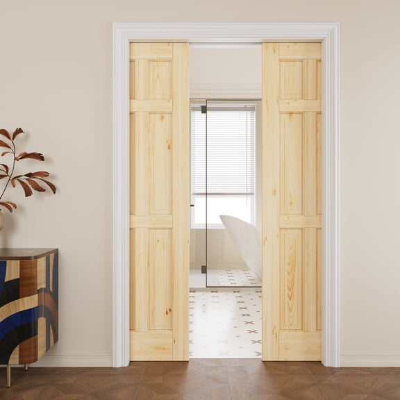 48" x 80" (Double 24") 6 Panel Pine Wood Pocket Doors with Soft Close, Solid Door Panel & Pocket Doors Hardware & Frames-as Panty Door, Closet Door, Unfinished Knotty Natural Wood & Ready-to-Stain