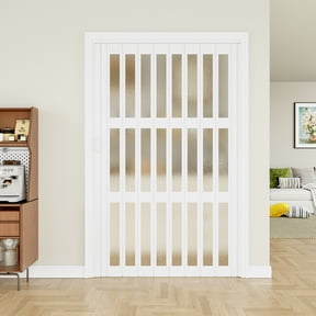 48 x 80 Dual Layer 3-Lite Acrylic Glass Accordion Door for Doorway, for Opening Width 37"-48", Strong Magnet Folding Door, Trimmable Height&Width,Room Divider for Pantry Laundry RV, White