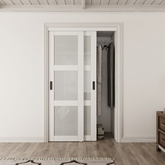 48" x 80" Forested Glass Sliding Door Kit - 3-Lite Design for Closet Door Hardware kit including, Black Handles
