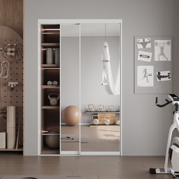48" x 80" H Aluminum Frame 1 Lite Tempered Mirrored Sliding Closet Doors with Installation Hardware Kit