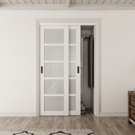 48" x 80" Height Forested Glass Sliding Door Kit - 5-Lite Design for Closet Door Hardware kit including, Black Handles