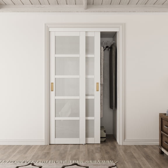 48" x 80" Height Forested Glass Sliding Door Kit - 5-Lite Design for Closet Door Hardware kit including, Golden Handles