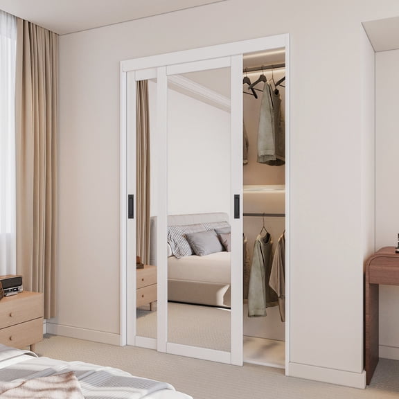 48" x 80" Height Mirror Sliding Closet Doors Forested With Silent Sliding Rollers, Contemporary Design For Walk-In Closets And Nursery Rooms