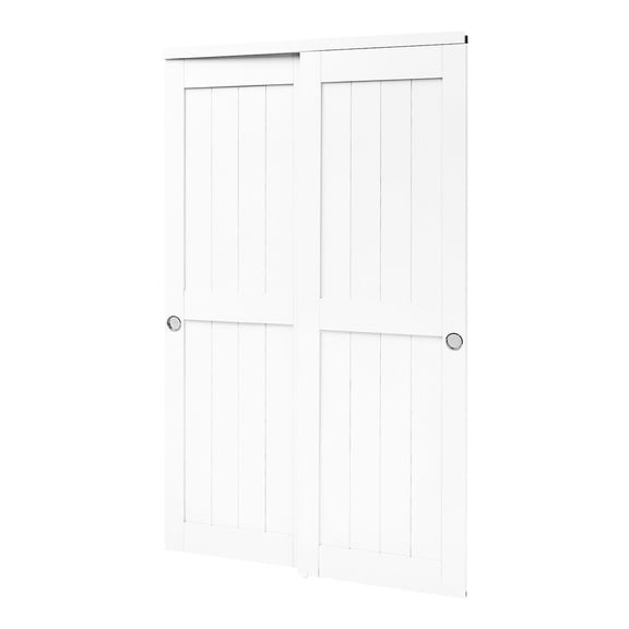 48 x 80 In 2-Panel Bypass Sliding Closet Doors, White Wood & MDF Interior Door Set with Hardware Track Kit and Floor Guide for Bedroom Wardrobe