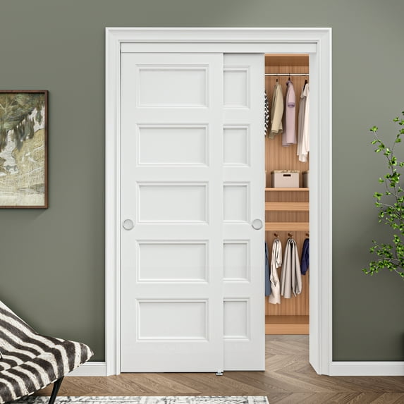 48" x 80" Sliding Pocket Interior Door 5-Paneled Hollow Core Closet Door