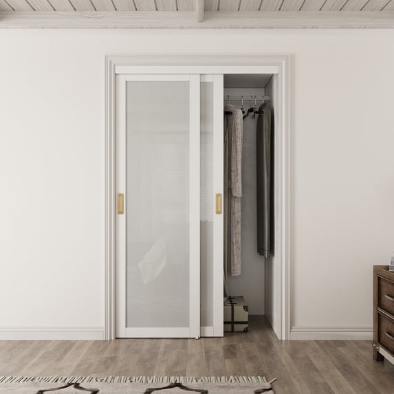 48" x 80" Tempered Frosted Glass Sliding Closet Door - Space-Saving White MDF Pantry Door With Hardware, Modern Frosted Glass Design
