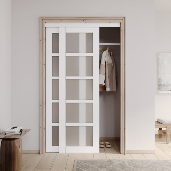 48" x 80" White Primed 5-Lite Tempered Frosted Glass Sliding Door With Hardware Kit