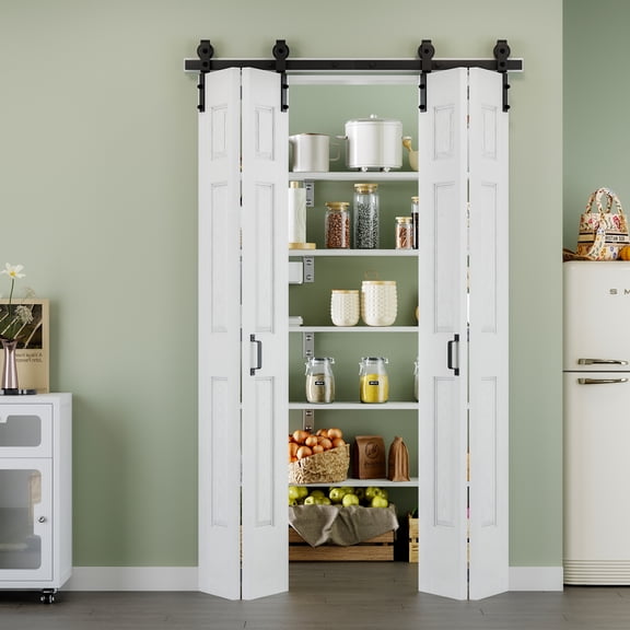 48'' x 84'' 6-Panel Molded Bifold Barn Doors and Hardware Included, White Smooth Paintable Solid Core Panels & Track Joint & Bi-fold Barn Door Hardware Kit