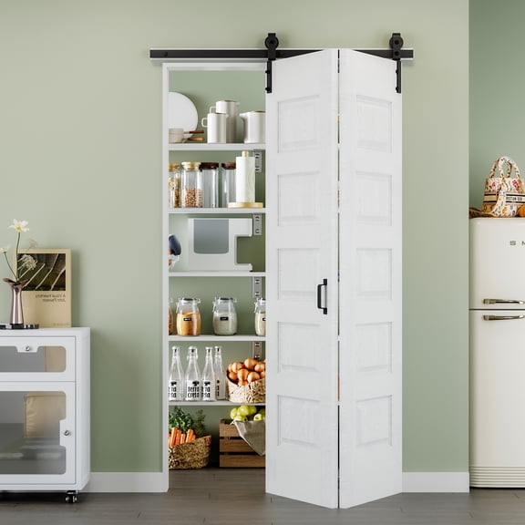 48'' x 84'' Molded Bifold Barn Doors and Hardware Included, White Smooth Paintable Pre-assembled Solid Core Panels & Bi-fold Barn Door Hardware Kit, 5 Panel Design-Fit Max Opening 48in x 84in