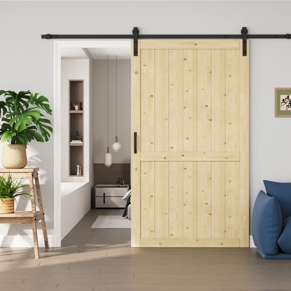 48" x 84" Pine Sliding Barn Door Solid Wood Paintable Surface Closet Pantry Doors with Installation Hardware