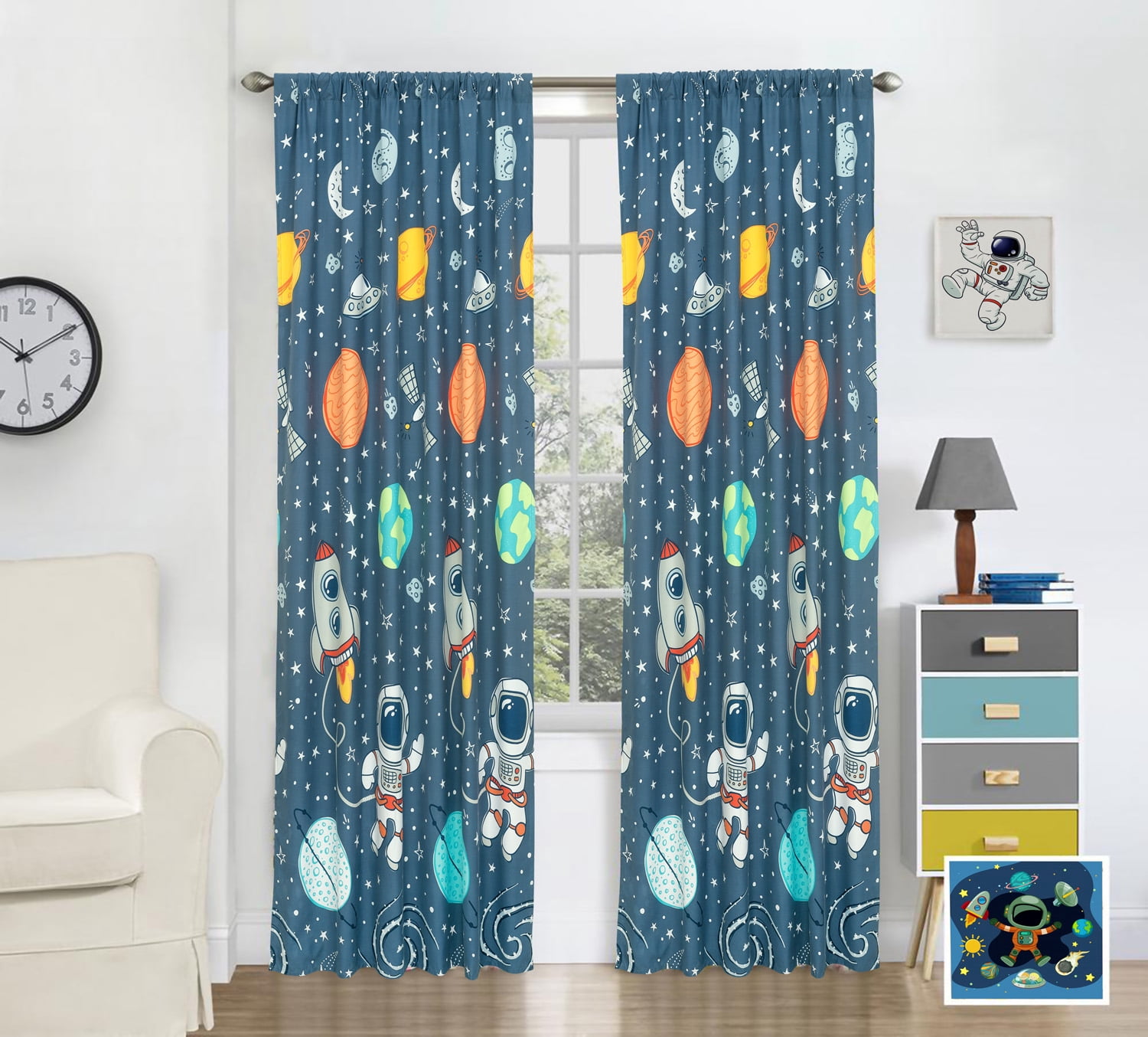 48" x 84" Space Explorer Astronauts, Planets, Stars and Spaceships Window Curtain Panel Drapes Pair for kids’ bedroom