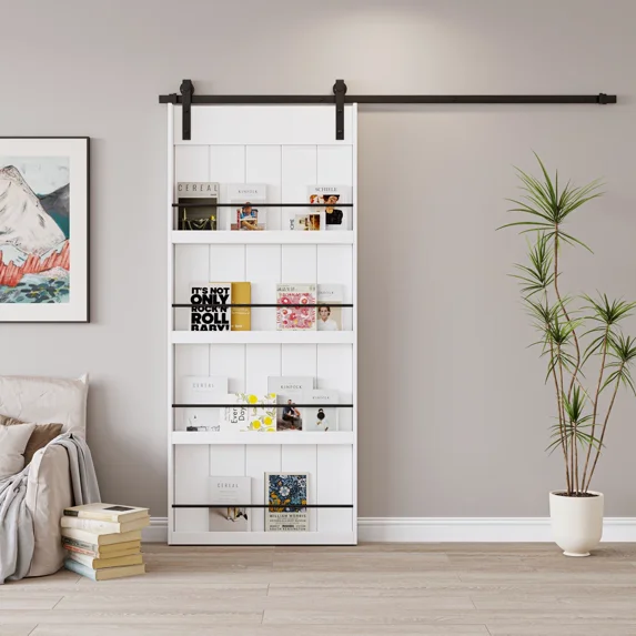 48'' x 84'' Wood and Primed Bookshelf Barn Door with Mounting Hardware Kit(Soft Close Inclued)
