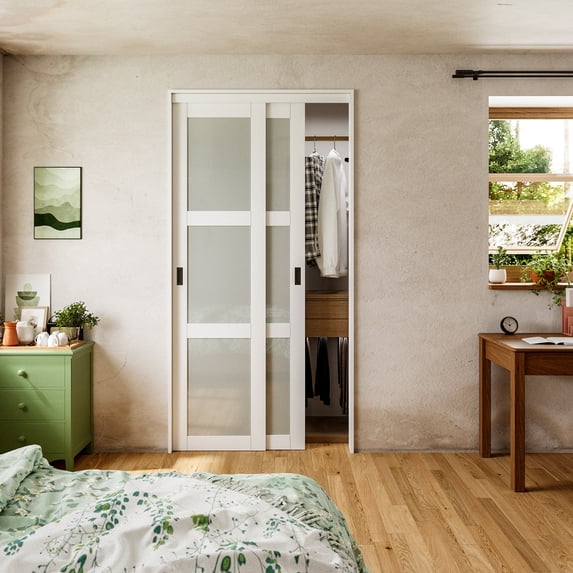 48" x 96" Full-Assembled 3-Lite Primed Frosted Closet Sliding Doors With Hardware Kit & Handles