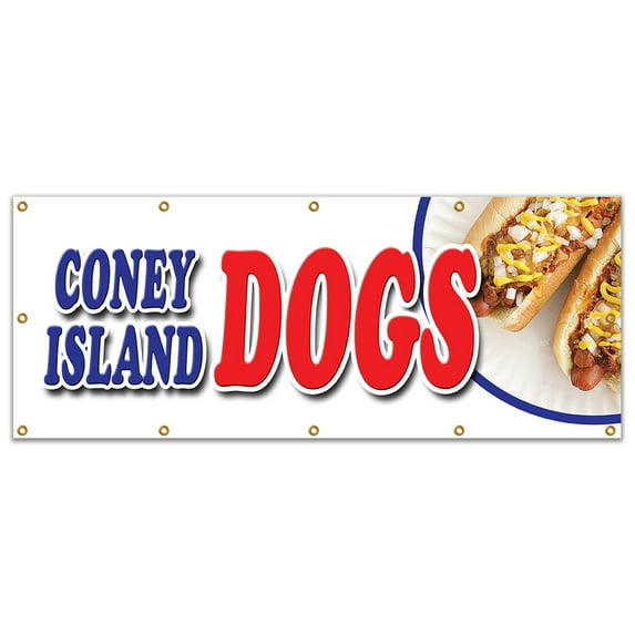 48"x120" CONEY ISLAND DOGS BANNER SIGN all beef chili grilled sauerkraut drinks