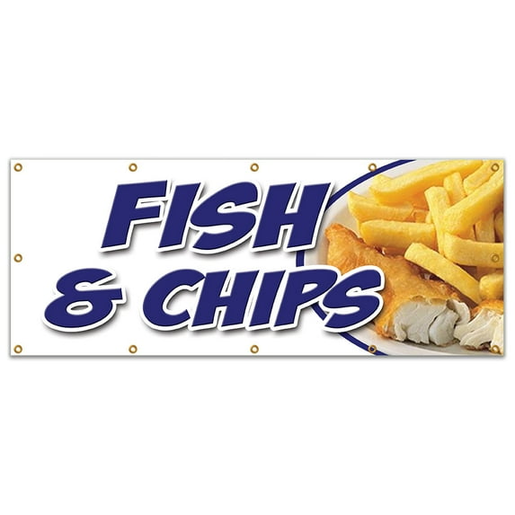 48"x120" FISH & CHIPS BANNER SIGN cod haddock white deep fried chips takeaway