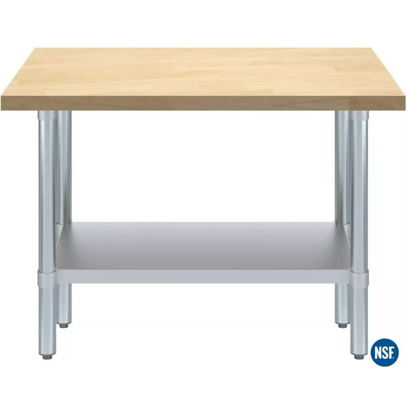 48''x24''x35'' Maple Wood Top Work Table with Undershelf, NSF Certified