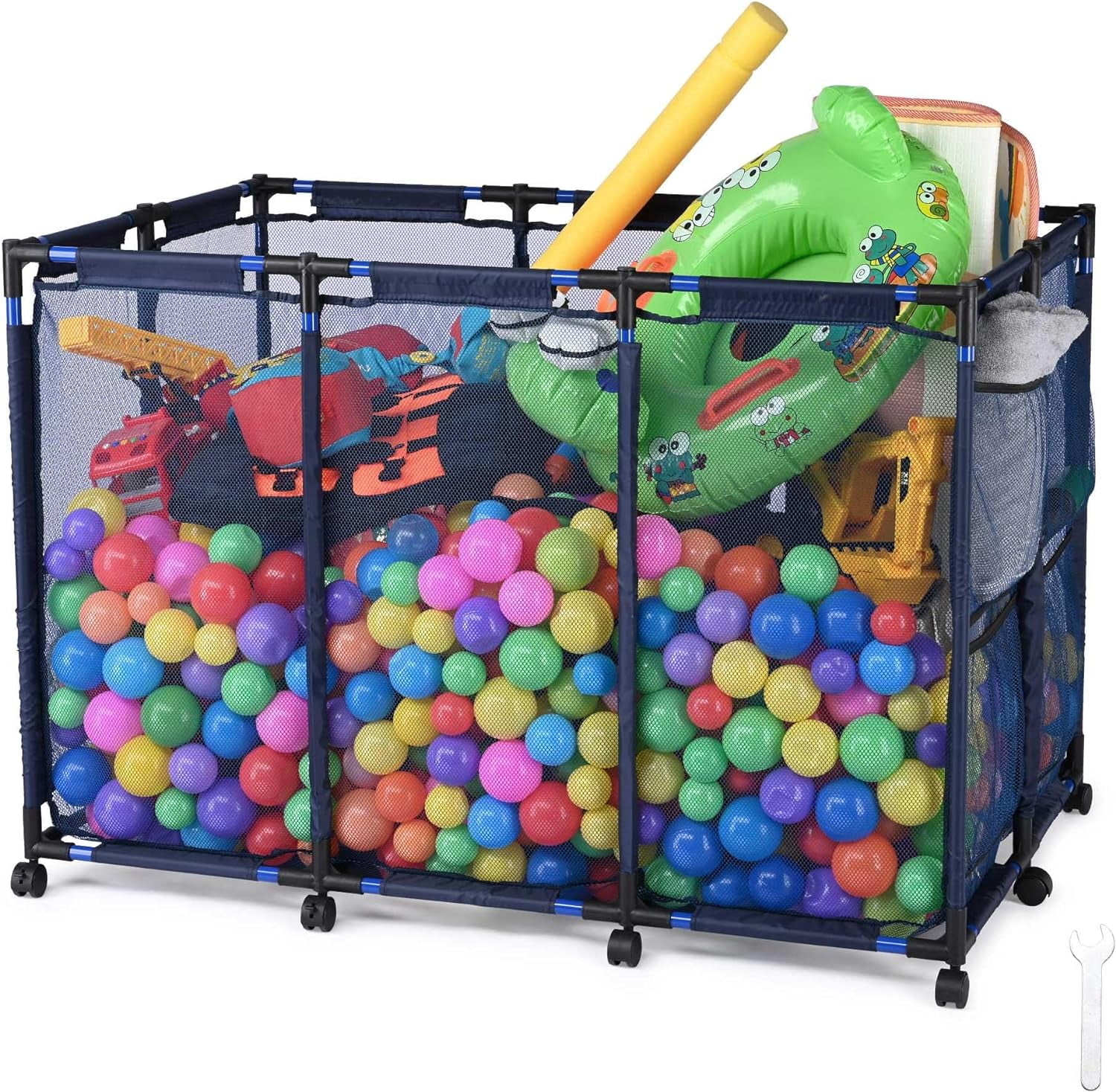 48"x30"x34" Mesh Pool Storage Bin XX-Large Pool Storage Organizer Metal Frame Rolling Cart for Pool Toys Balls Pool Noodles, with 10 Wheels & Sturdy Connector, Stable & Easy to Move, Blue