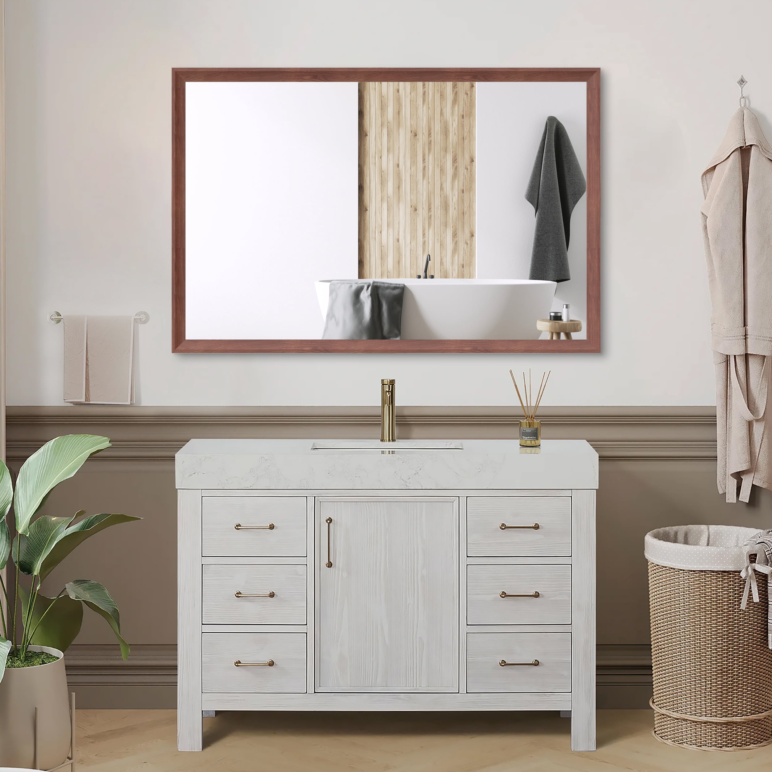 48"x32" Oversized Modern Rectangle Bathroom Mirror with walnut Frame ...