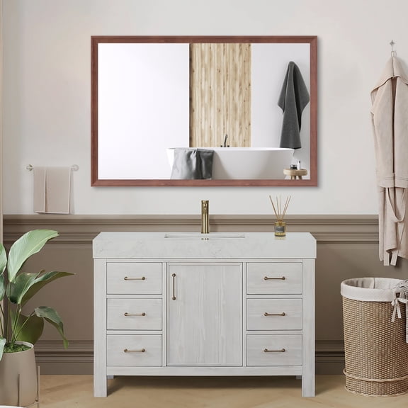 48"x32" Oversized Modern Rectangle Bathroom Mirror with walnut Frame Decorative Large Wall Mirrors for Bathroom Living Room Bedroom Vertical or Horizontal Wall Mounted mirror with Aluminum Frame