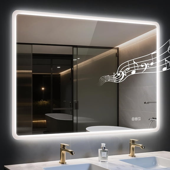 48"x36" LED Bathroom Mirror with Bluetooth Speaker, 3 Color Temperature, Stepless Dimming, Anti-Fog, Touch Control, Wall-Mounted Vanity Mirror, Vertical or Horizontal