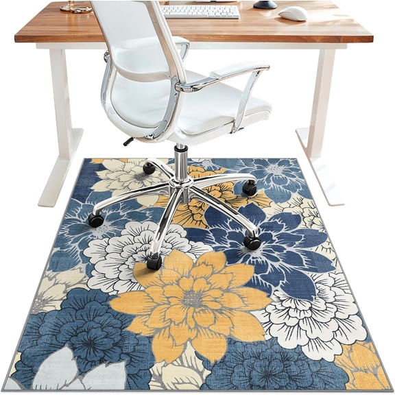 48"x60" Navy Yellow Office Chair Mat for Hardwood Tile Floor Anti-Slip Low Pile Desk Rug