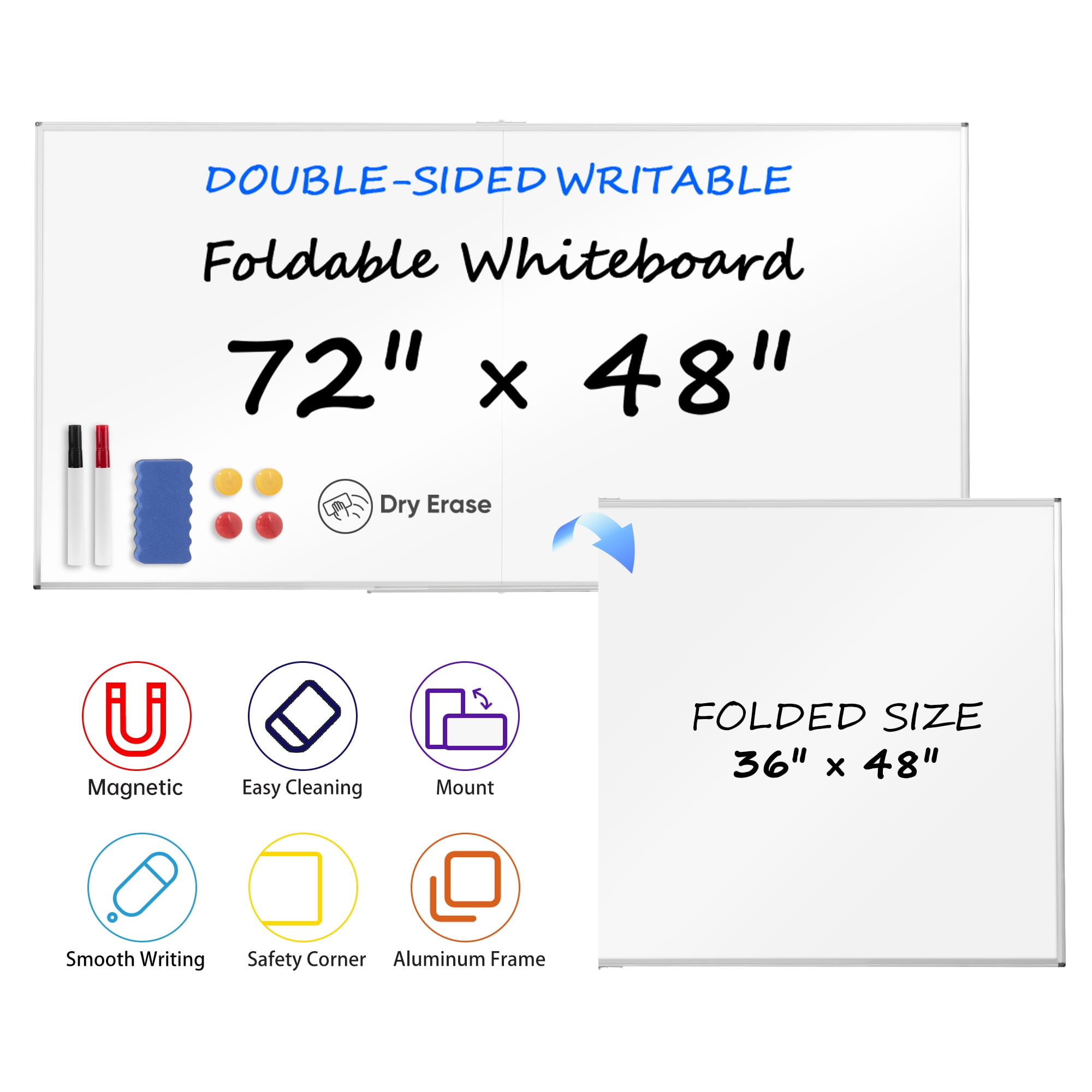 VUSIGN Foldable Double-Sided Writable Board, 72" x 48" Large Dry Erase Magnetic Whiteboard, 7'x4'Wall Mount for Classroom