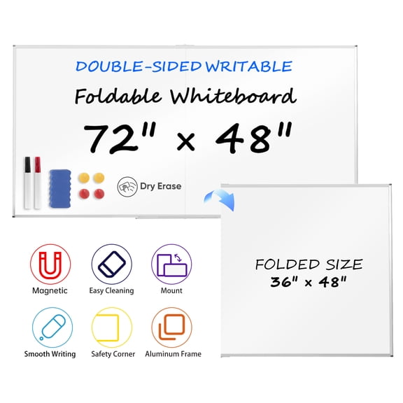 VUSIGN Foldable Double-Sided Writable Board, 72" x 48" Large Dry Erase Magnetic Whiteboard, 7'x4'Wall Mount for Classroom