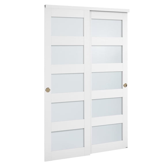 48"x80" 5-Lite Glass Bypass Sliding Closet Door Set,Solid Wood/MDF PVC,Hardware Included