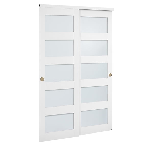 48"x80" 5-Lite Glass Bypass Sliding Closet Door Set,Solid Wood/MDF PVC,Hardware Included