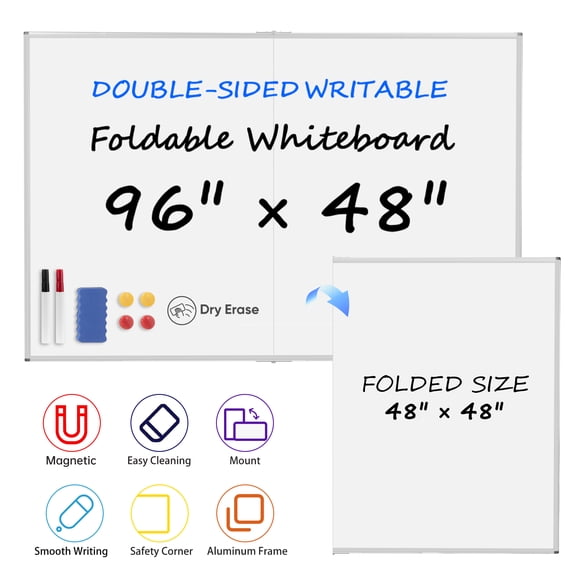 VUSIGN Foldable Double-Sided Writable Board, 96" x 48" Large Dry Erase Magnetic Whiteboard, 9'x4'Wall Mount for Classroom