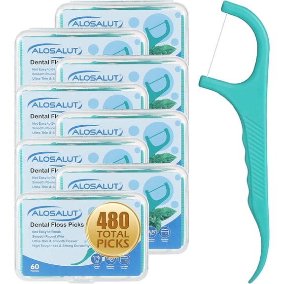480 Count Dental Floss Picks Mint Flavored Flossers with Built-in Toothpick for Deep Cleaning 8 Portable Boxes of 60 Strong & Smooth Floss Sticks for Family Home Travel for Adults