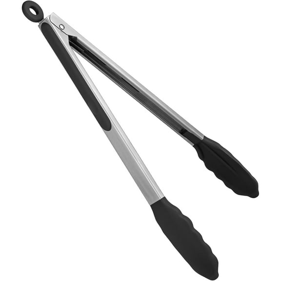 480°F Heat Resistant Kitchen Tongs: U-Taste 12in Silicone Cooking Tong with Firm Sealed Non Stick Rubber Tips & Silicon Coated 18/8 Stainless Steel Handle & Smooth Lock for Serving Grill(Black)