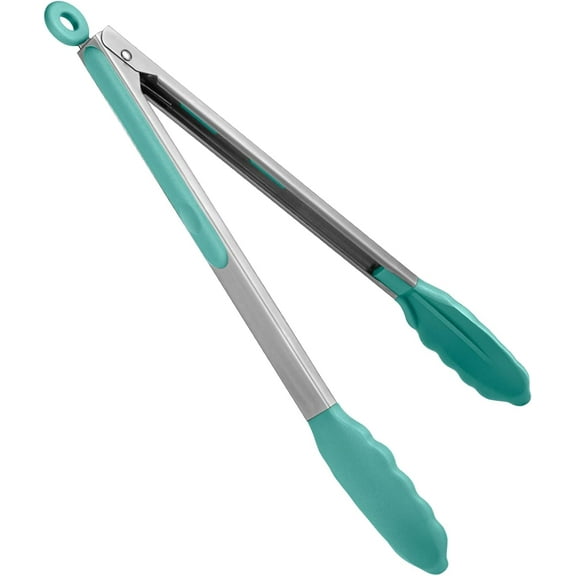 480°F Heat Resistant Kitchen Tongs: U-Taste 12in Silicone Cooking Tong with Firm Sealed Non Stick Rubber Tips & Silicon Coated 18/8 Stainless Steel Handle & Smooth Lock for Serving Grill(Aqua Sky)