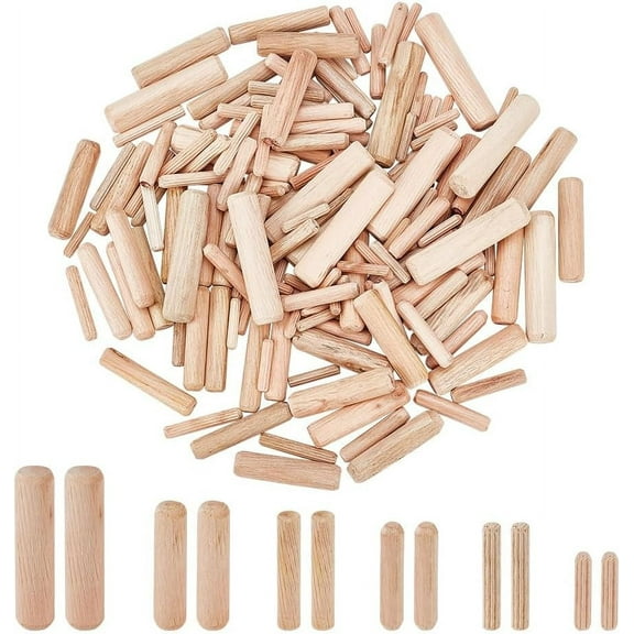 480 Pcs Wooden Dowel Pins 6 Sizes Blanched Almond Fluted Dowel Wood Pegs Beveled Ends Tapered Pins Straight Grooved Pins for Crafts Furniture Door 4mm 5mm 6mm 8mm 11mm 12.5mm