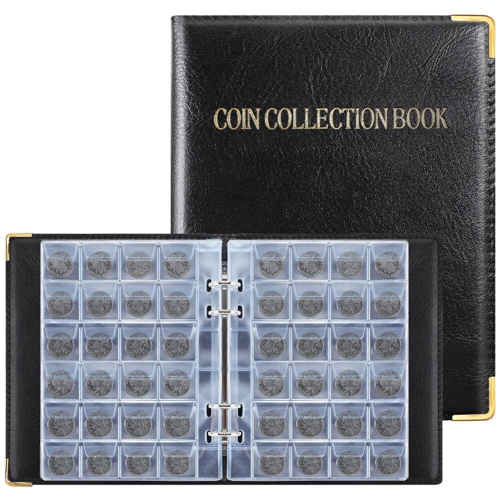 480 Pocket Coin Album 4 Rings Detachable Card Page Favorites 20 Page Large Capacity Pu Leather Coin Collection Album Collectible Money Holder Black