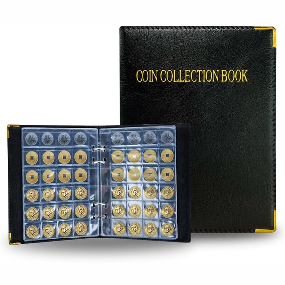 480 Pocket Coin Collection Album Book Coin Holder Organizer with PU Leather Cover Clear PVC Pages for Coins Tokens Medals Badges Currency Collecting Storage Display Case Black