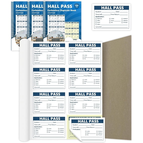 480 count Student Hall Pass Slips 8.5 X 11 Inch Carbonless Copy with Perforated and Backing Board Hall Pass Pads Hall Passes for Classrooms Hall Pass Book School Classroom Management (1, 8.5x11)