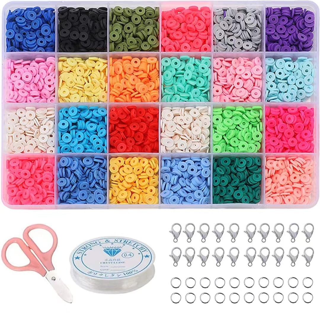 4800pcs 24 Colors 6mm Crafts DIY Clay Beads Set Round Flat Beads Polymer Clay Beads Disc Loose Spacer for Jewelry Making Bracelets, Adult Unisex, Size
