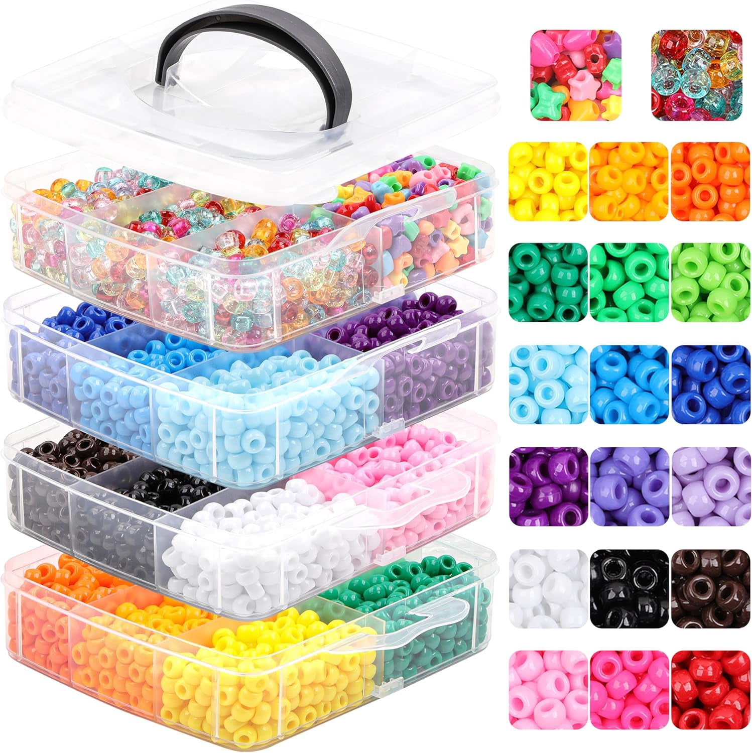4800 Pcs Pony Beads for Friendship Bracelets 6x9mm 18 Solid 8 Color Shapes 10 Glitter Plastic Jewelry Making Supplies Necklaces Keychains Hair Braid DIY Craft Accessories