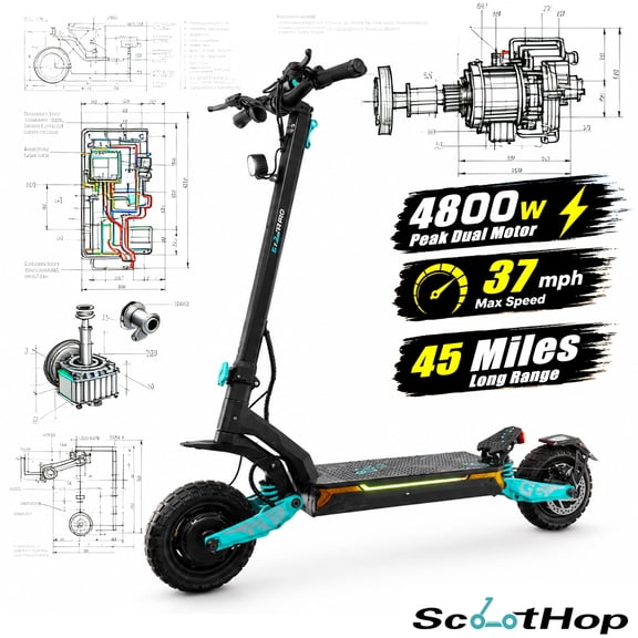 4800W Peak Dual Motor 10' Foldable Electric Scooter, 37 mph Top Speed with Dual Braking System and Shock Absorption,All-Terrain Comfort Tire,UL2272