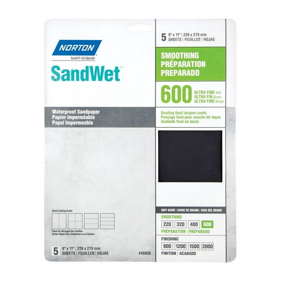 48058 9" X 11" 600 Grit Wet Sandpaper Sheets 5-count