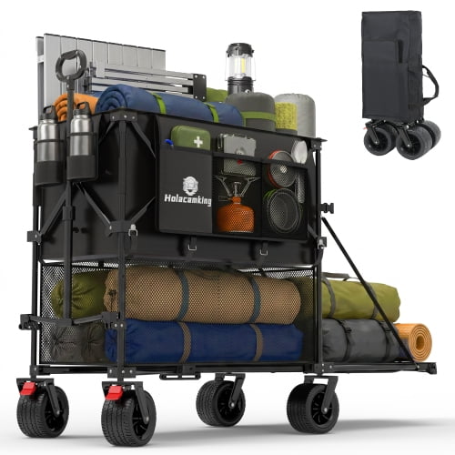 480L Double Decker Collapsible Wagon, 520lbs Heavy Duty Cart, 58in Tailgate & All-Terrain Wheels with Brakes